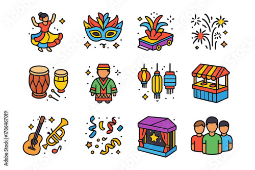 Colorful Cultural Icons. Cultural event. Colorful isometric vector icons set of cultural event: traditional dance, festival mask, parade float, fireworks,