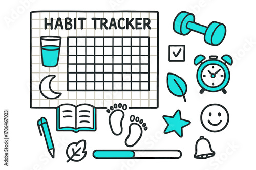 Habit Tracker Doodle. // Habit tracker. Hand-drawn doodle illustration Habit tracker [grid page (accented), checkboxes (accented), water glass, dumbbell