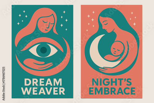 Dream Weaver Banners. Mother of Dreams. Two vertical A6 banners with safe margins, centered composition, no elements touching edges, modern, teal and coral,