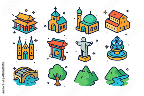 Colorful Pilgrimage Icons. pilgrimage path. Colorful isometric vector icons set of pilgrimage path: temple, church, mosque, monastery, cathedral, shrine,