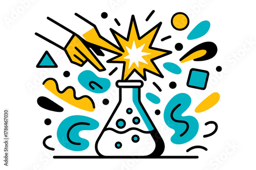 Dynamic Chemical Reaction. Catalyst. Spark igniting a chemical reaction with floating abstract geometric shapes and glowing accents, dynamic and transformative