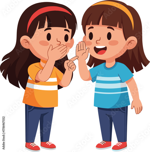 Cute cartoon girls whispering secrets and talking together, happy children communication and friendship illustration concept