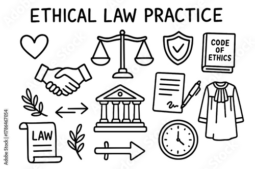 Ethical Law Doodles. Ethical law practice. Hand-drawn doodle illustration ethical law practice justice scales, heart, handshake, code of ethics book, document,