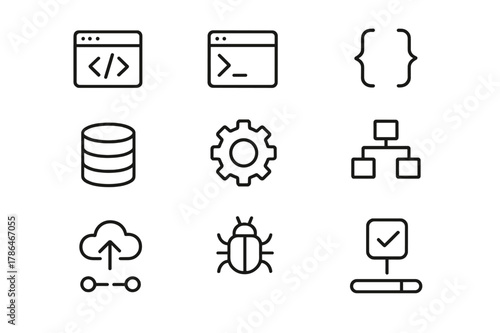 Software Icon Set. Software Development. Line icon set of Software Development: code editor, terminal window, brackets, database icon, gear, flowchart, deploy