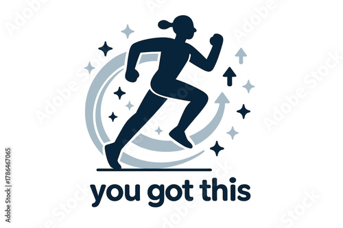 Empowered Runner Vibes. Exercise ? Confidence Boost. Minimal runner silhouette framed by glowing trails; small upward arrows and stars mark progression. Text