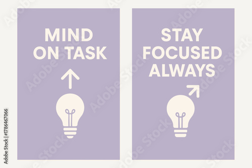 Mindful Focus Banners. Mind on task. Two vertical A6 banners with safe margins, centered composition, no elements touching edges, minimal, lavender and cream,