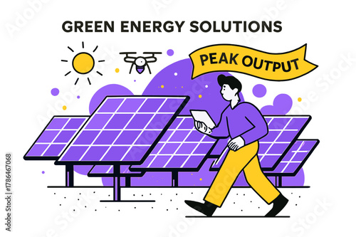 Solar Energy Harmony. Green Energy Solutions ? Solar Farm. Sunlit panels tilt in a neat grid; a tiny drone inspects rows while a banner says ?Peak Output.?