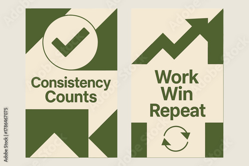 Consistency Banners Design. Consistency counts. Two vertical A6 banners with safe margins, centered composition, no elements touching edges, geometric, olive