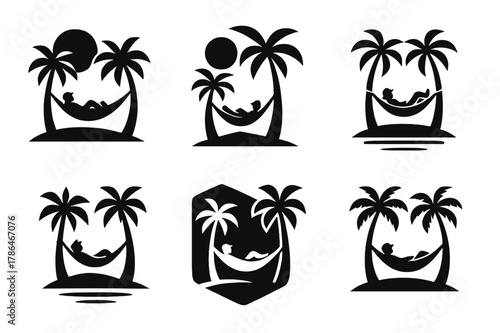 Tropical Island Hammock. A traveler relaxing in a hammock between two palm trees, on a tropical island. Icon set. Set Logo of A traveler relaxing in a hammock