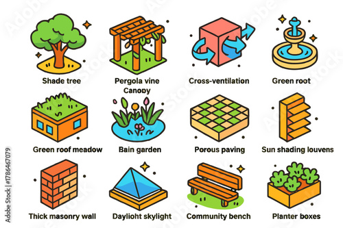 Green Urban Architecture Icons. Green architecture in urban spaces without technology. Colorful isometric vector icons set of Green architecture in urban