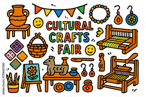 Colorful Crafts Showcase. Cultural crafts fair. Colorful Hand-drawn doodle Children illustration Cultural crafts fair handmade pottery, weaving loom, beads,