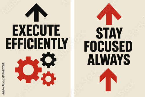 Bold Inspirational Banners. Execute efficiently. Two vertical A6 banners with safe margins, centered composition, no elements touching edges, brutalist, black