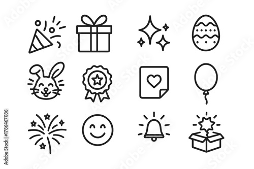 Delight & Surprise Icons. Delight & Surprise. Line icon set of Delight & Surprise: confetti burst, gift box, sparkle, easter egg, playful animation, badge