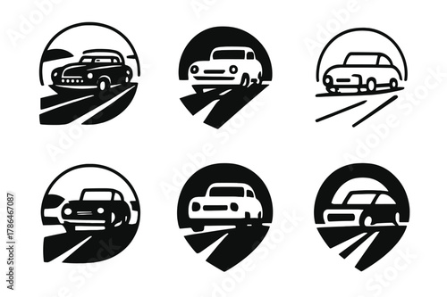 Road Trip Icons. Road trips and scenic drives. Icon set. Set Logo of Road trips and scenic drives: classic car on open highway. harmonious logo variations of