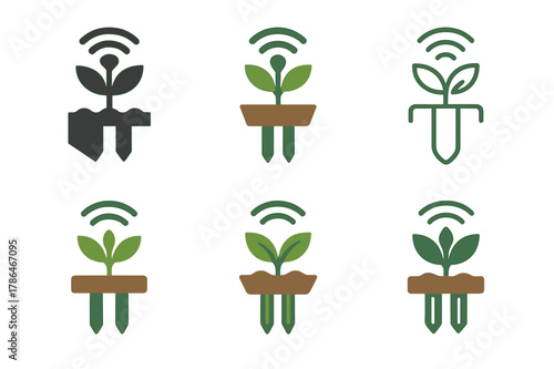 Smart Agriculture Icons. Smart agriculture solutions. Icon set. Set Logo of Smart agriculture solutions: IoT soil moisture sensor probe. harmonious logo