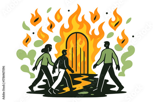 Journey to Fiery Gates. Figures Walking Towards Fiery Gates. Figures walking along a scorched path toward blazing gates with floating abstract geometric