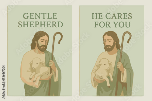 Gentle Shepherd Banners. Gentle Shepherd. Two vertical A6 banners with safe margins, centered composition, no elements touching edges, pastel, sage and cream,