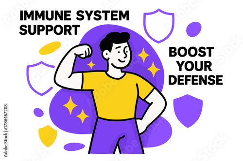 Immune System Strength. Immune System Support. A figure surrounded by shield shapes flexes lightly; small spark icons radiate ?Vitality.? ?Boost Your Defense?