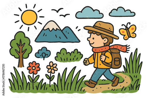 Outdoor Exploration Adventure. outdoor exploration. Colorful Hand-drawn doodle Children illustration outdoor exploration person, tall grass, wind, mountain,