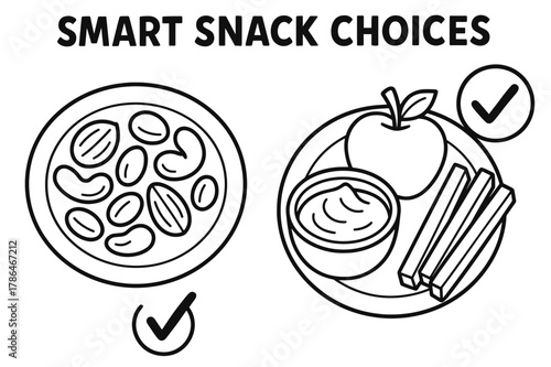 Kids' Healthy Snacks. Smart snack choices children?s coloring book illustration, outlined drawing, two small plates showing nuts, yogurt, fruit, and veggie