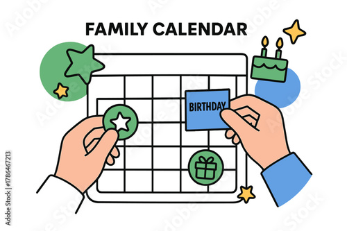 Family Calendar Celebrations. Marking special dates. Hands placing stickers and notes on a family calendar,