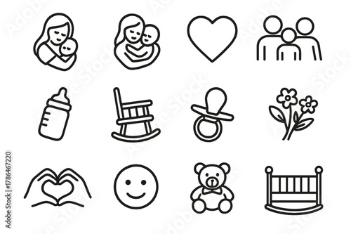 Maternal Bond Icons. Maternal bond. Line icon set of maternal bond: mother holding baby, hug, heart, family, baby bottle, rocking chair, pacifier, flowers,