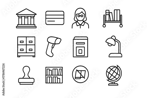Library Icons Collection. Library. Line icon set of Library: library building facade, library card, librarian, book cart, catalog drawer, barcode scanner,