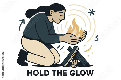 Firelight Vigil Scene. Keeper of the Hearth ? Firelight Vigil. Hands cup the flame as logs settle into a neat triangle; gentle halo lines echo outward. Caption