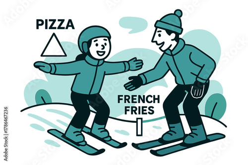 Beginner Ski Lesson. First Lesson on the Bunny Hill. A beginner smiles, arms out, instructor guiding with simple cues. Floating signs read ?Pizza? and ?French