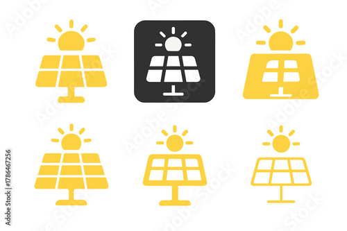 Solar Power Icons. Solar power. Icon set. Set Logo of Solar power: single-axis tracking solar farm. harmonious logo variations of the same emblematic concept,