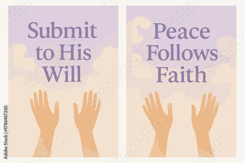Peaceful Surrender Banners. Surrender. Two vertical A6 banners with safe margins, centered composition, no elements touching edges, pastel, lavender and cream,