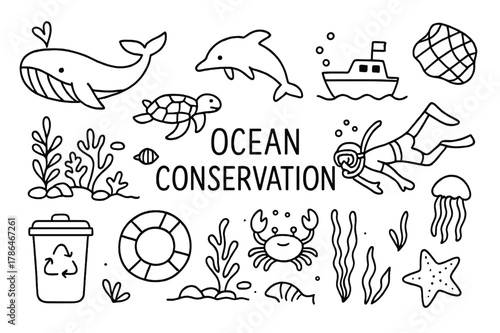 Ocean Conservation Doodles. Ocean Conservation. Hand-drawn doodle illustration Ocean Conservation whale, dolphin, turtle, coral reef, fish, crab, jellyfish,