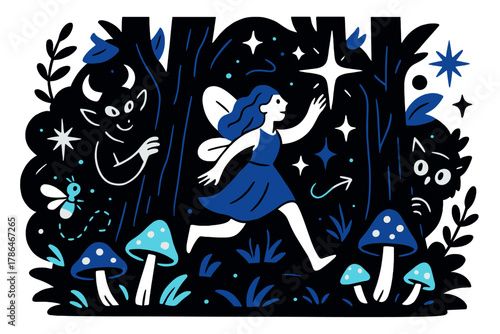 Enchanted Night Forest. Magical night forest. Glowing fireflies, sparkling mushrooms, and mystical creatures