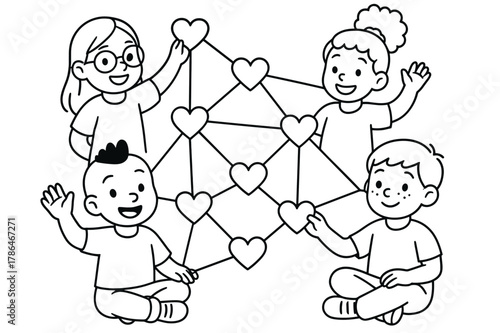 Friends Web of Hearts. Relationship anarchy children?s coloring book illustration, outlined drawing, group of diverse friends creating a web of hearts,