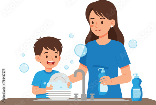 Mother and son washing dishes together with soap and water in kitchen sink home cleaning activity illustration