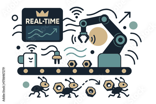 Smart Factory Operations. IoT & smart operations. Sensors wink on factory lines as waves connect devices; a dashboard crown says ?Real-time?. Tiny bots carry