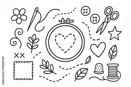 Embroidery Tools Icons. Embroidery patterns. Hand-drawn doodle illustration embroidery patterns hoop, needle, thread, flower, heart, leaf, swirl, stitch line,