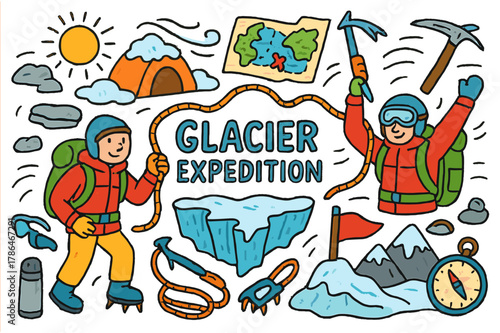 Glacier Expedition Doodle. Glacier expedition. Colorful Hand-drawn doodle Children illustration Glacier expedition climbers, rope, ice axe, crampons, frozen