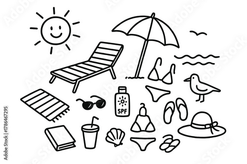 Sunbathing Essentials Doodle. Sunbathing. Hand-drawn doodle illustration sunbathing lounge chair, towel, umbrella, sunglasses, sunscreen, bikini, sandals,