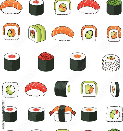 Seamless Pattern of Various Japanese Sushi and Maki Rolls in Flat Style