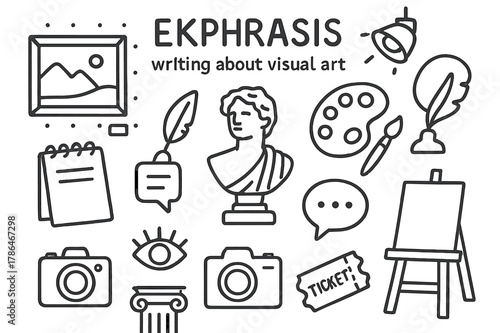 Ekphrasis Art Elements. Ekphrasis: writing about visual art. Hand-drawn doodle illustration Ekphrasis: writing about visual art picture frame, statue bust,