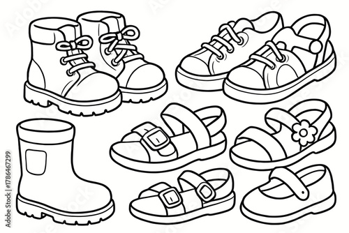 Kids' Footwear Fun. Footwear fashion children?s coloring book illustration, outlined drawing, cheerful display