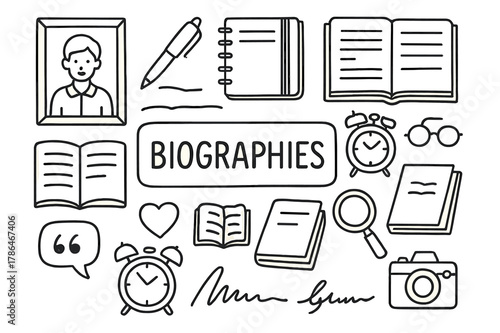 Biography Icons Illustrations. Biographies. Hand-drawn doodle illustration biographies portrait frame, pen, notebook, book cover, open page, calendar, camera,