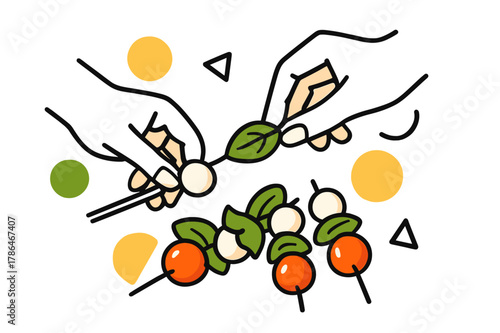 Caprese Skewers Assembly. Caprese Skewers. Hands assembling caprese skewers with cherry tomatoes, mozzarella balls, and basil with floating abstract geometric