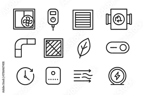 HVAC Icon Grid. HVAC and Natural Vent Mix. Line icon set of HVAC and Natural Vent Mix: window plus fan, thermostat, vent grille, heat recovery ventilator,