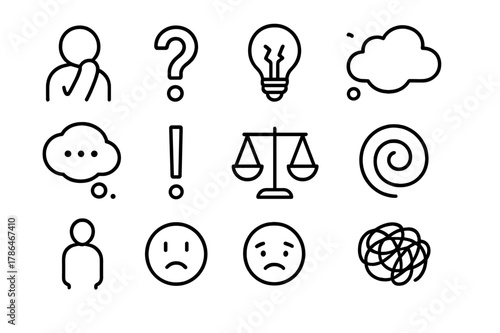 Icons of Self-Doubt. Self-doubt. Line icon set of self-doubt: person thinking, question mark, broken light bulb, cloud, thought bubble, exclamation mark,