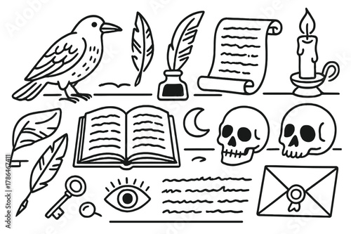 Raven and Writing Desk. Raven and writing. Hand-drawn doodle illustration Raven and writing quill, ink bottle, parchment scroll, open book, candle, feather,