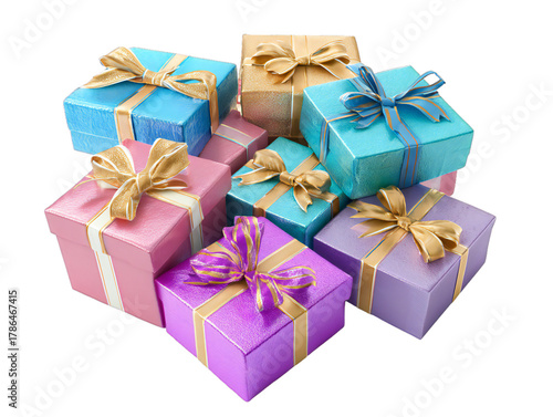 Colorful gift boxes with ribbons and bows isolated on transparent background