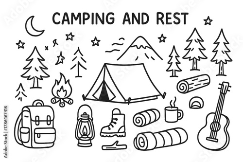 Camping Doodle Art. Camping and rest. Hand-drawn doodle illustration camping and rest tent, campfire, trees, moon, stars, backpack, boots, lantern, mug, log,