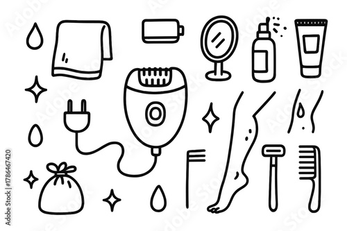 Epilator Doodle Icons. Epilator and home device. Hand-drawn doodle illustration Epilator and home device epilator handle, plug, cord, battery symbol, leg